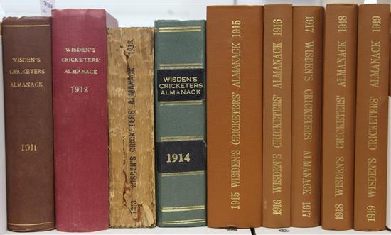 Wisden Cricketers Almanacks: 1911-1919 mixed rebound hardbacks, original soft covers and Willows reprints (9)